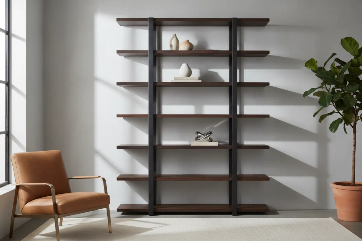 A sculptural bookshelf with geometric steel framing and dark stained wood shelves, displayed in a home office with artful decor and soft daylight.