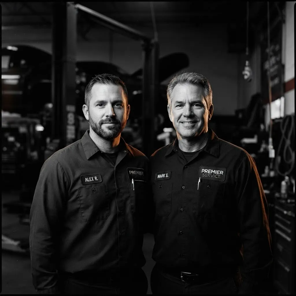 Grayscale studio portrait of service lead and shop foreman Derek Kovacs
