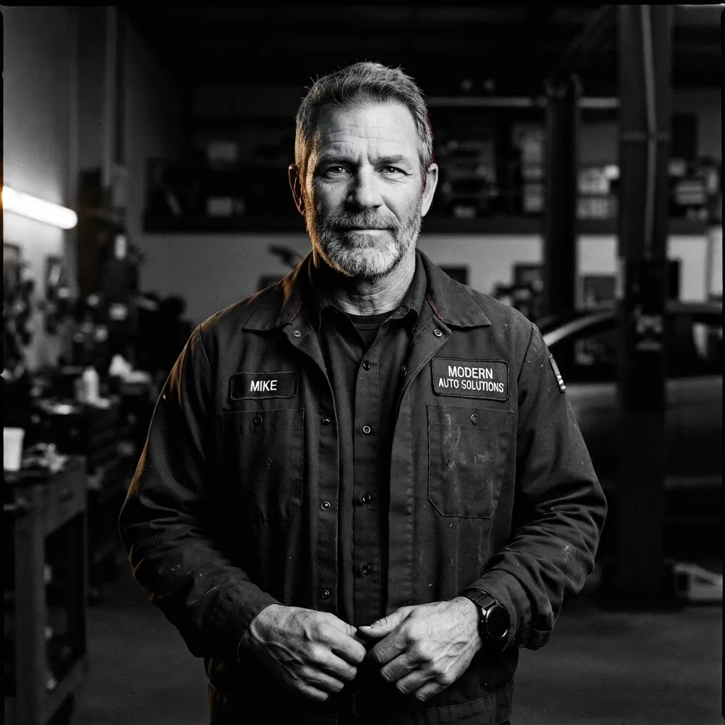Grayscale studio portrait of master technician Marcus Vance in automotive uniform