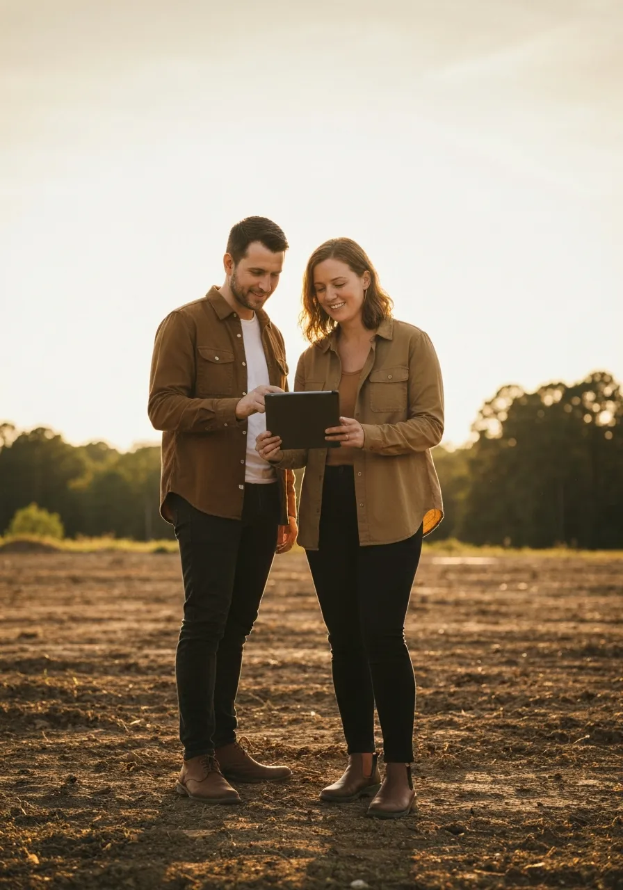 Maria reviewing property map with investment partner outdoors