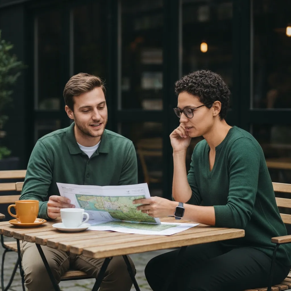 Two people discussing over coffee