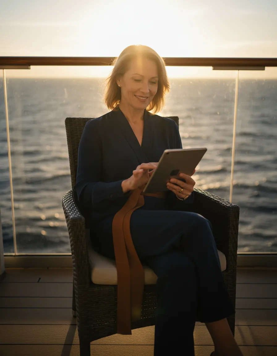 An elegant mature traveler looking relieved and confidently using a tablet while on a cruise ship.