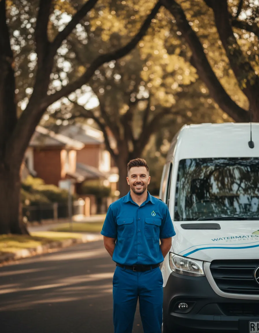 Friendly Watermates plumbing professional arriving at a property