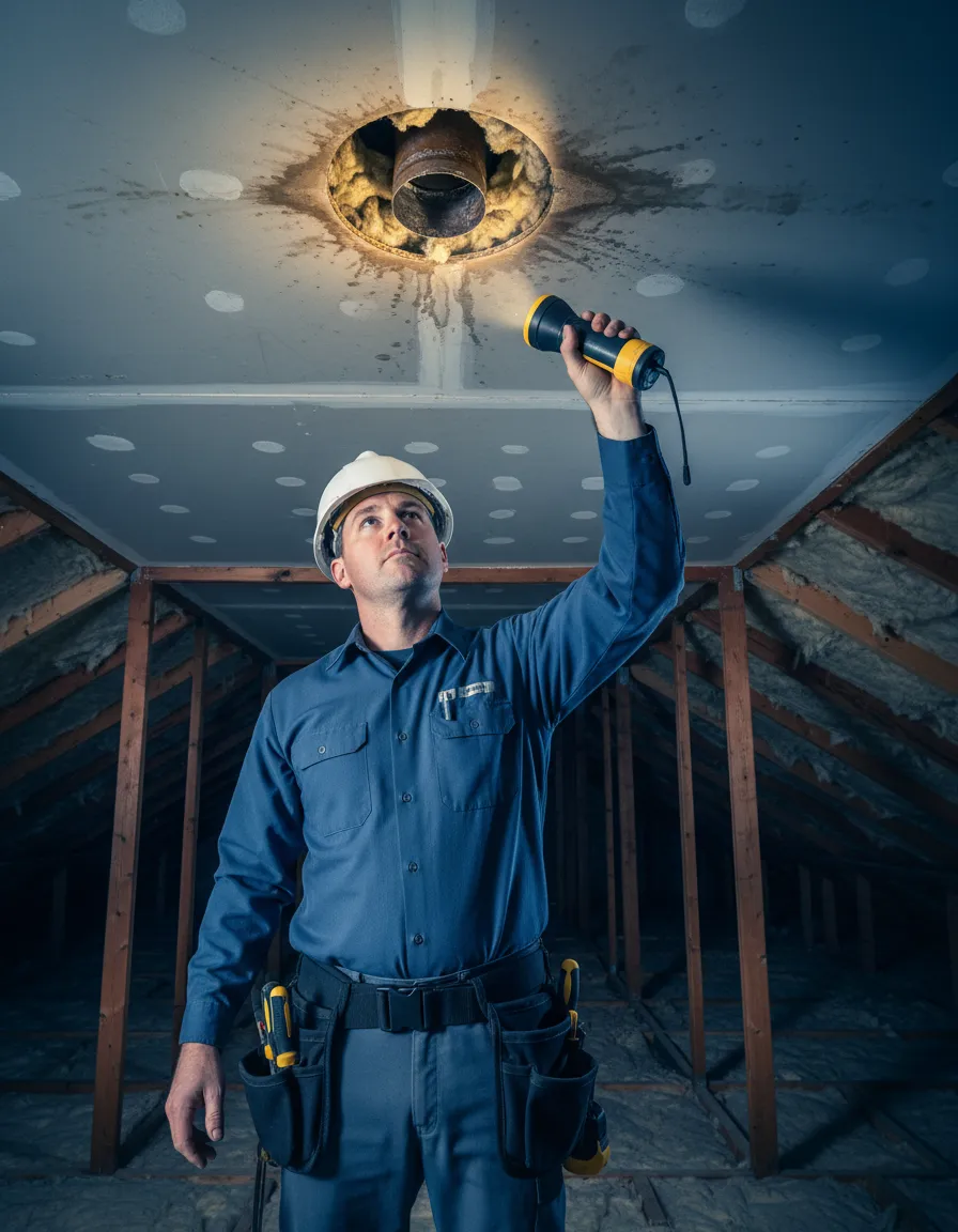 Plumbing inspector checking roof and ceiling for leaks