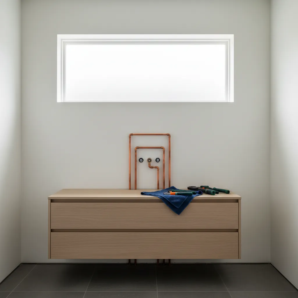 Modern bathroom renovation in progress with exposed plumbing