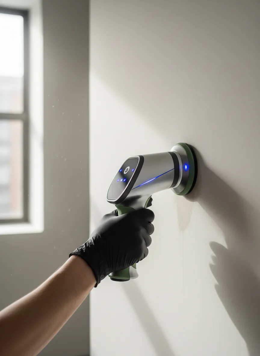 Professional tool scanning a subtle damp patch on a pristine wall