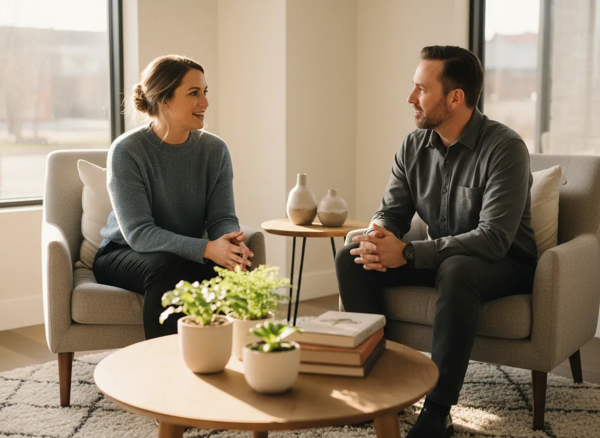 Female dental professional smiling and speaking with a patient in a calm environment