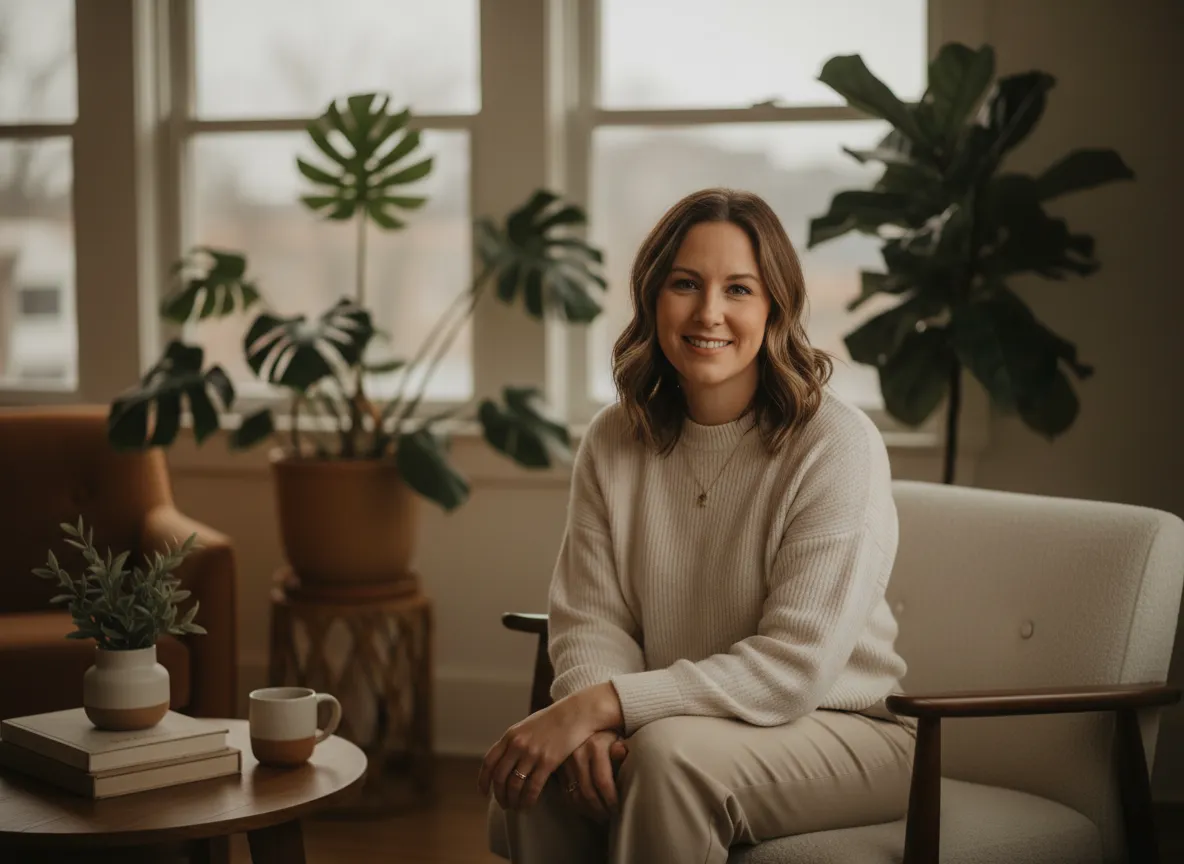 Smiling dental professional sitting in a warm, natural light office