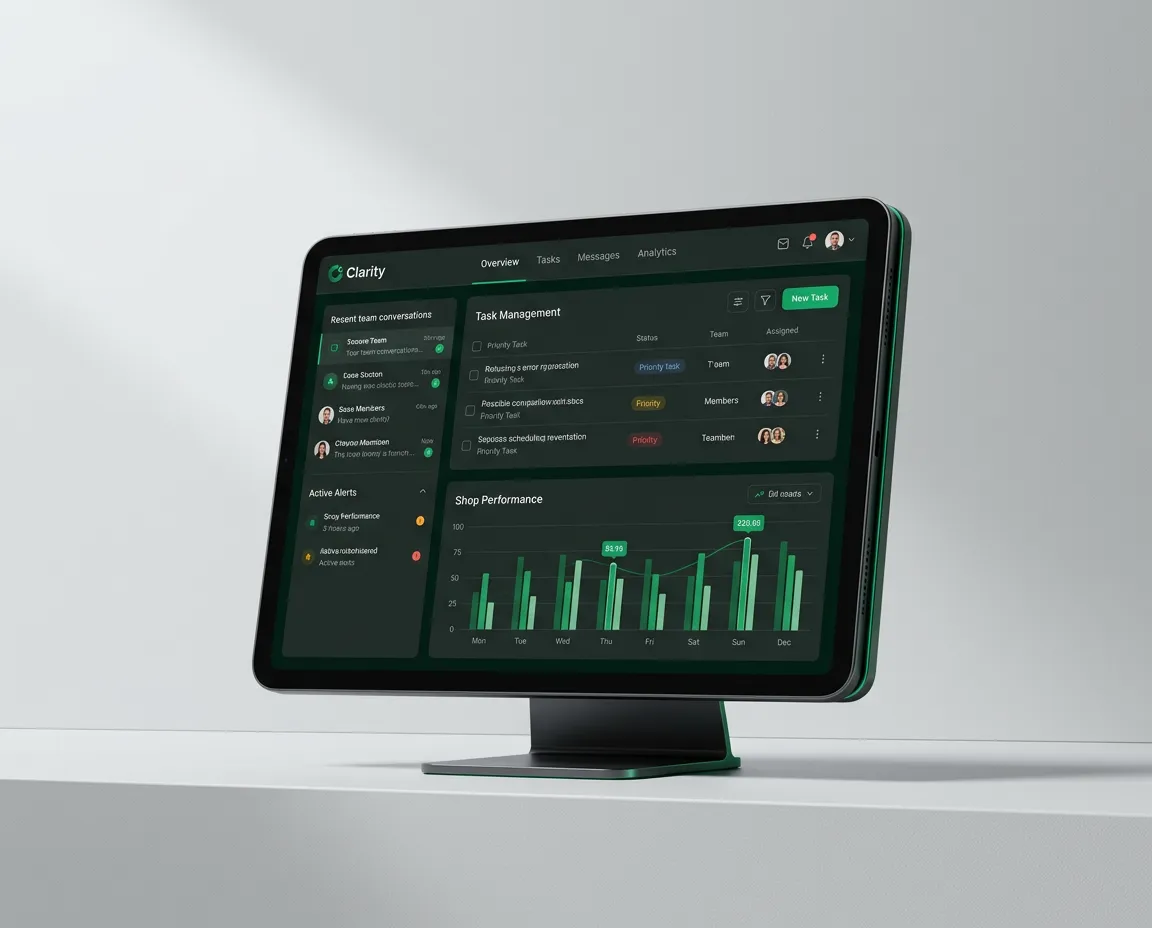 Clarity auto repair and detailing unified shop communication dashboard mockup