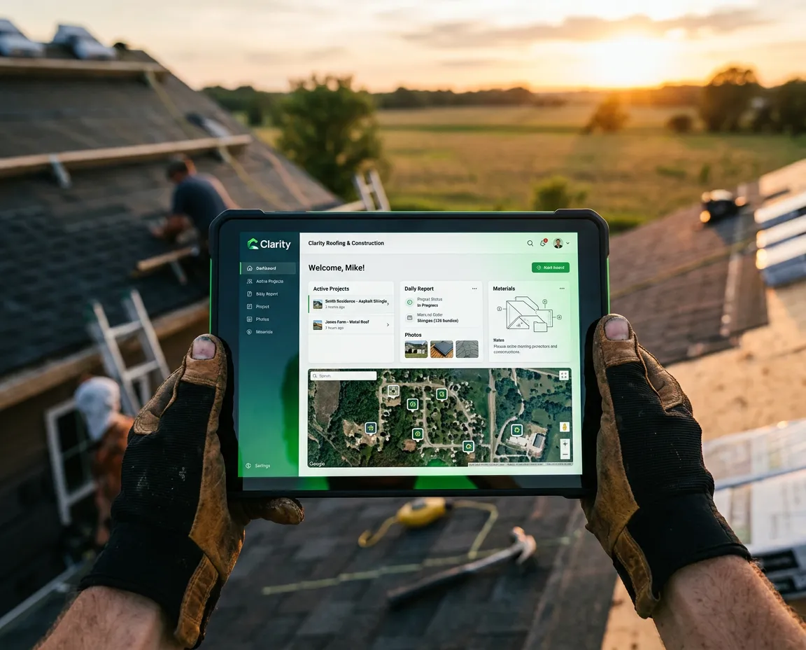 Clarity Roofing & Construction platform interface on tablet in field setting