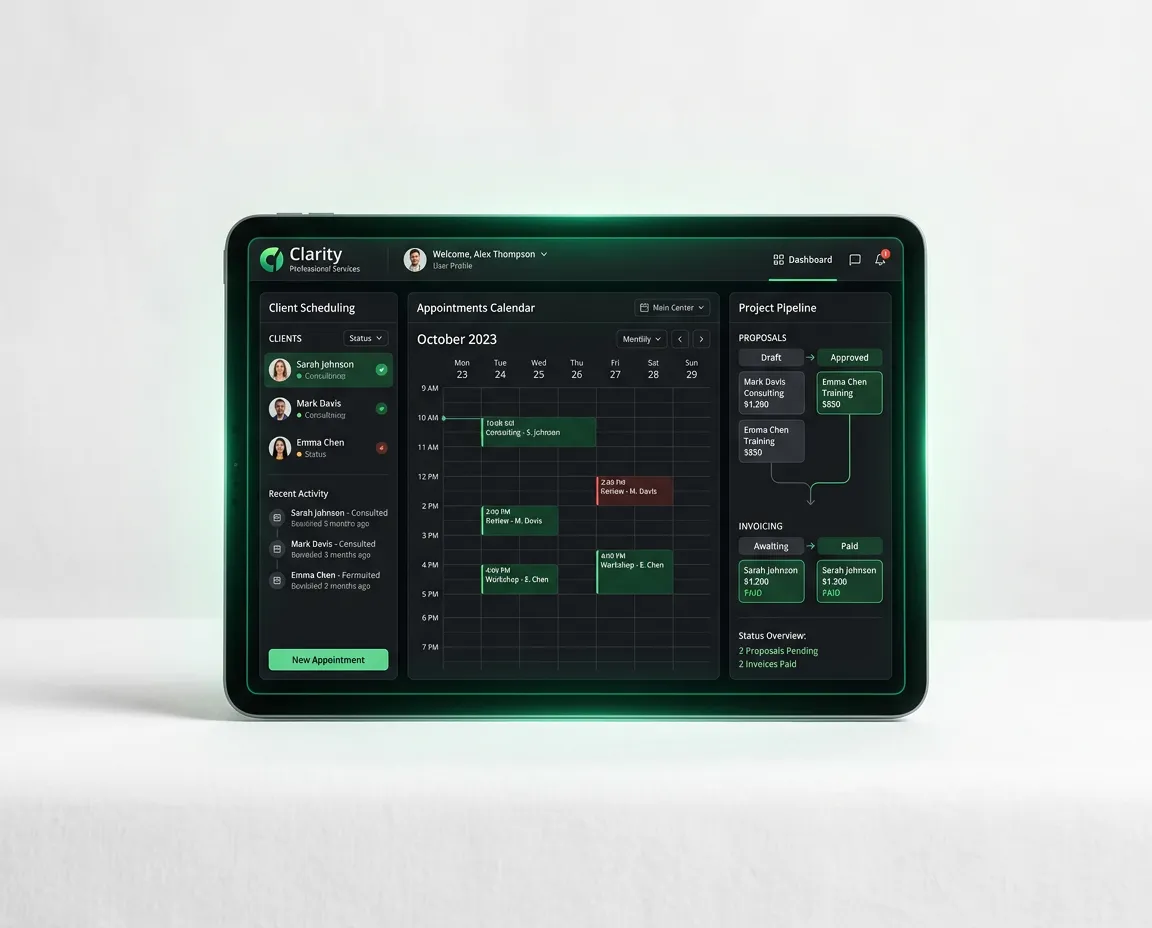 Clarity Professional Services software dashboard mockup showing client scheduling and pipeline