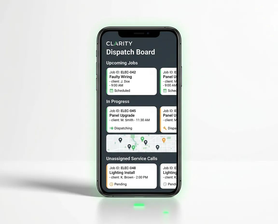 Clarity contractor dispatch board and electrician job management mobile dashboard interface