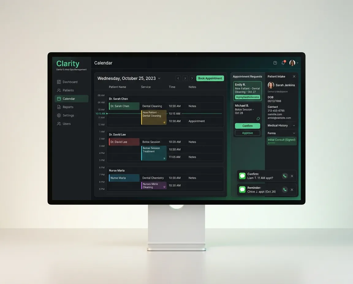 Clarity dental and med spa clinic management software interface showing patient calendar, SMS notifications, and intake records