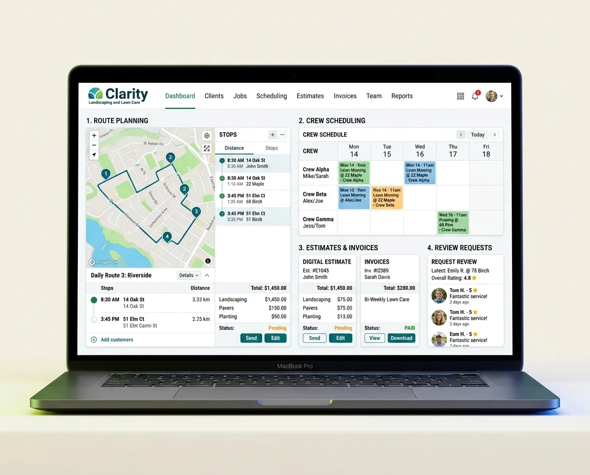 Clarity Landscaping and Lawn Care software interface showcasing route planning, crew scheduling, and digital invoicing