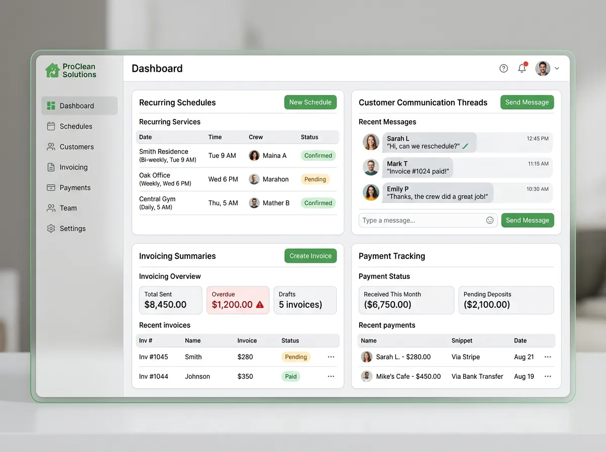 Clarity cleaning company operations dashboard showing recurring schedules and payment tracking