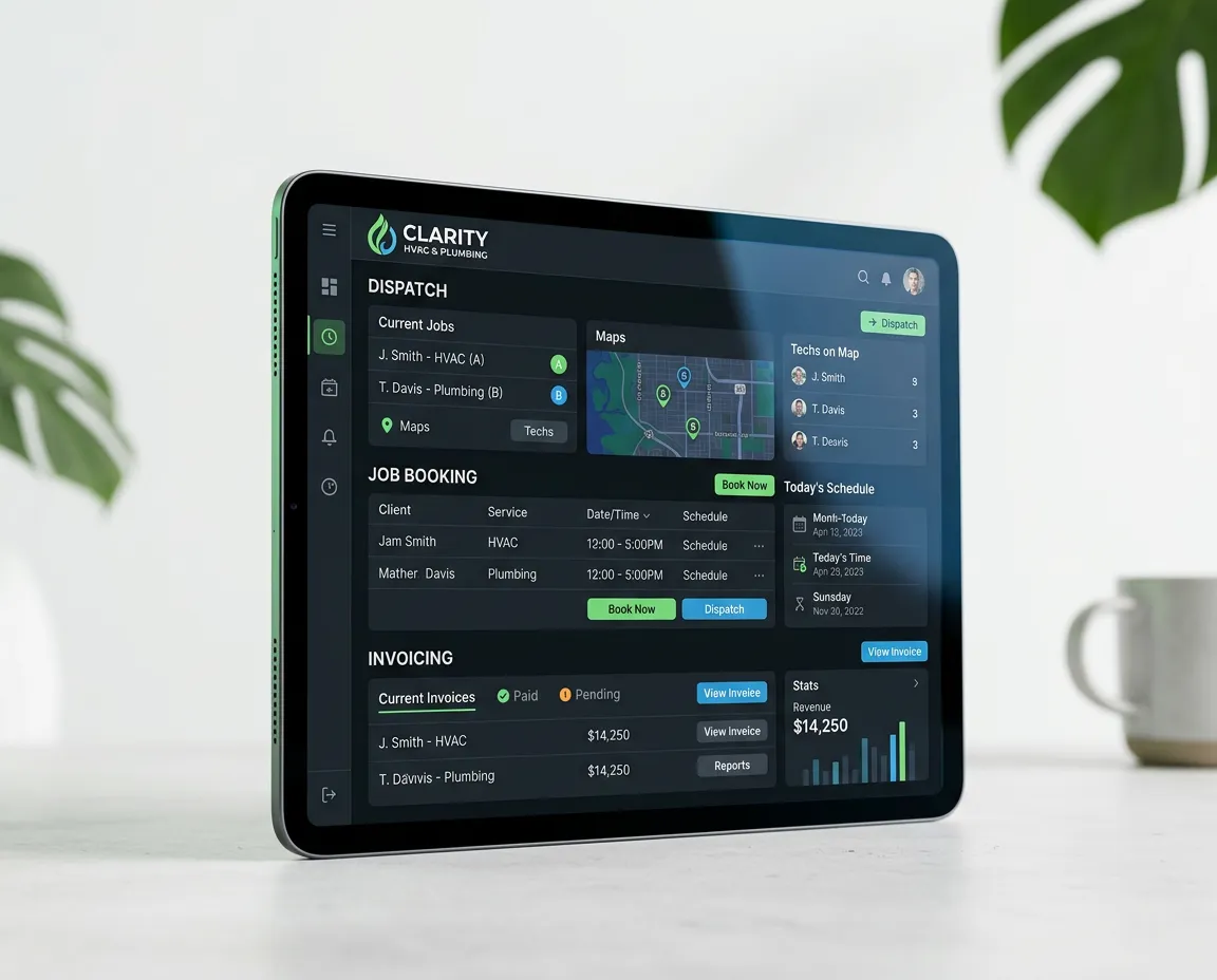 Clarity HVAC and Plumbing dispatch, job booking, and invoicing dashboard interface