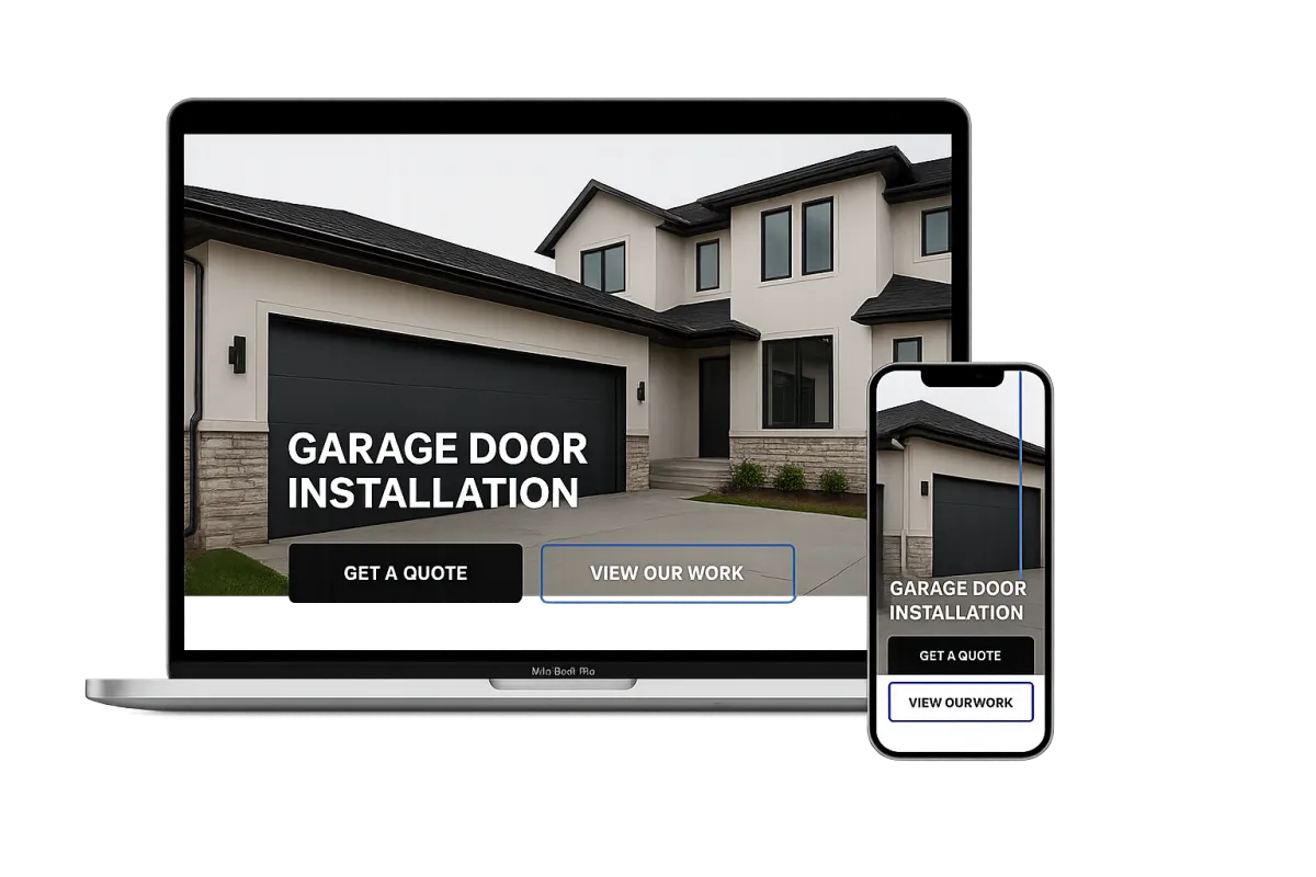 Premier Garage Doors website displayed on a realistic MacBook and iPhone mockup