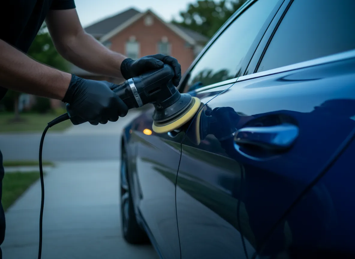Mobile detailer working on car exterior