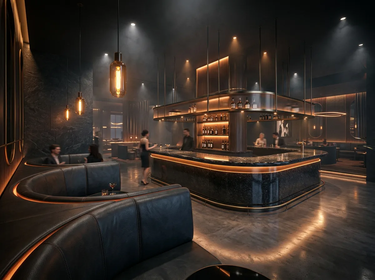 Architectural nightlife concept space with dramatic amber lighting, polished stone bar top, and high-end booth architecture