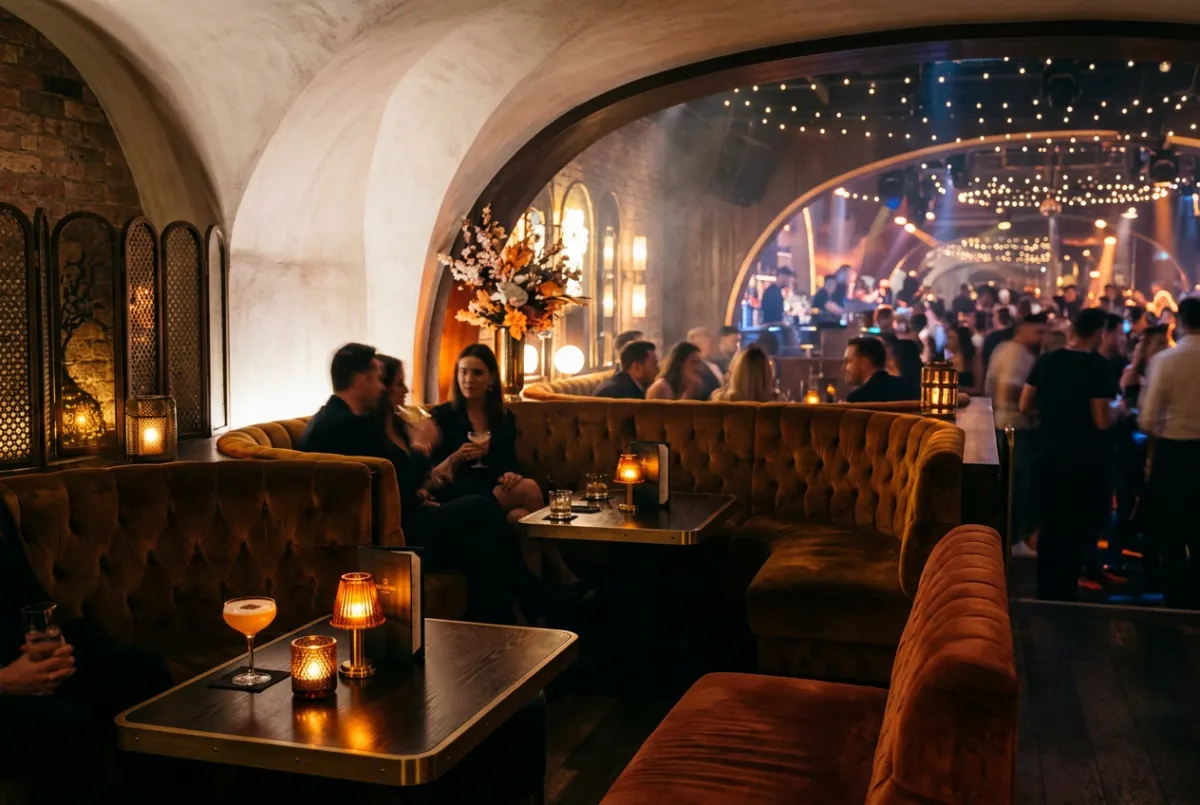 Atmospheric haze and architectural ambiance in a packed VIP lounge