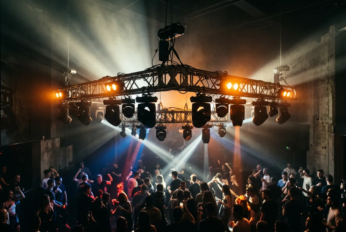 Kinetic dynamic nightclub lighting beams framing the bar area