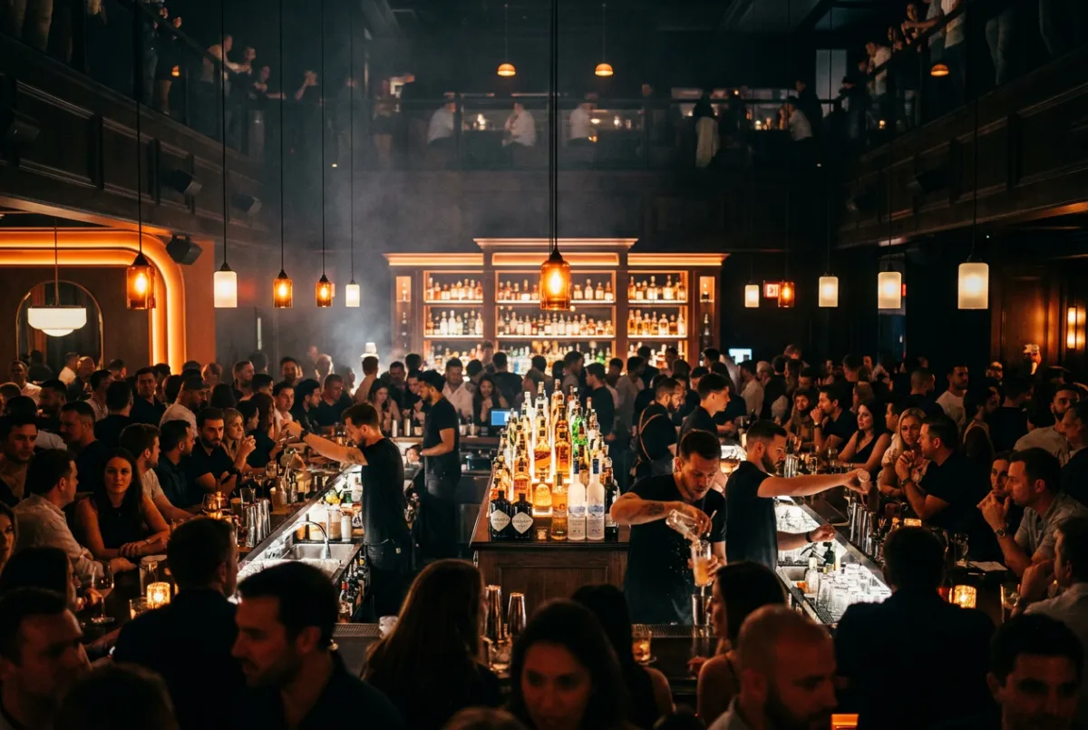 Atmospheric lighting and elevated bar patron density