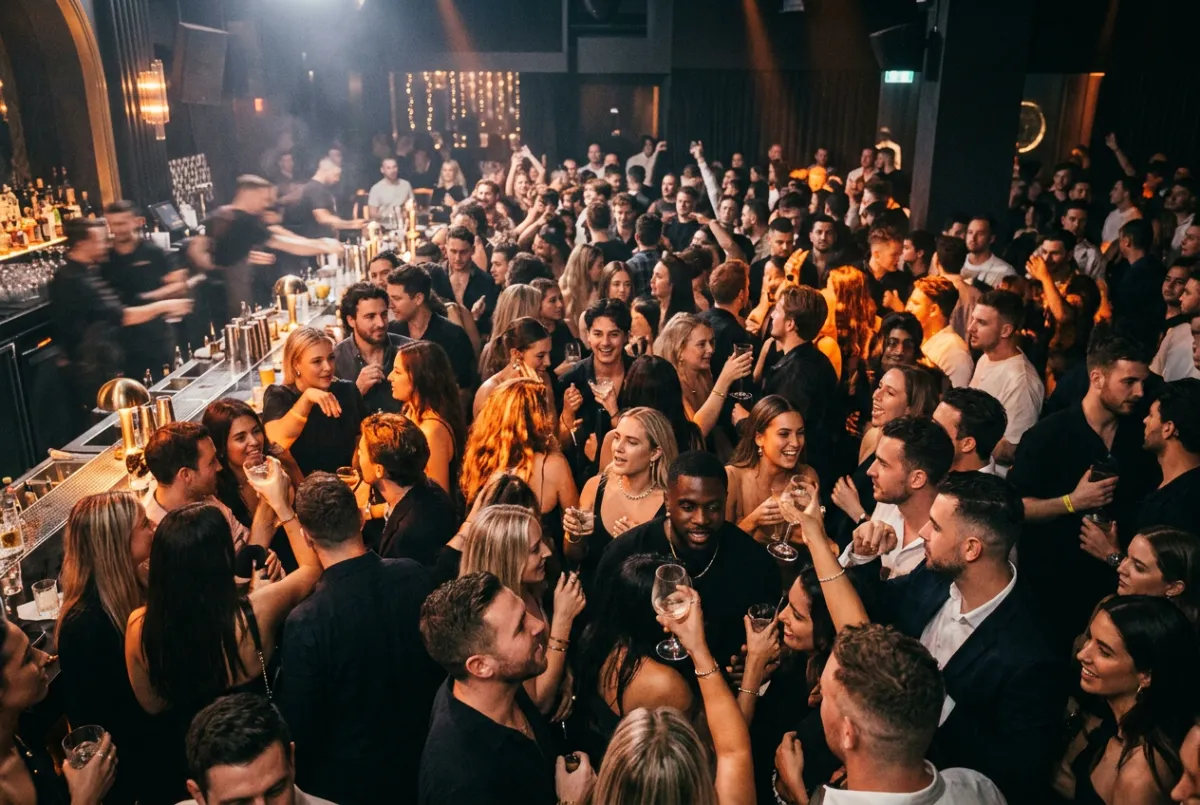 Dense hospitality venue crowd during prime activated hours