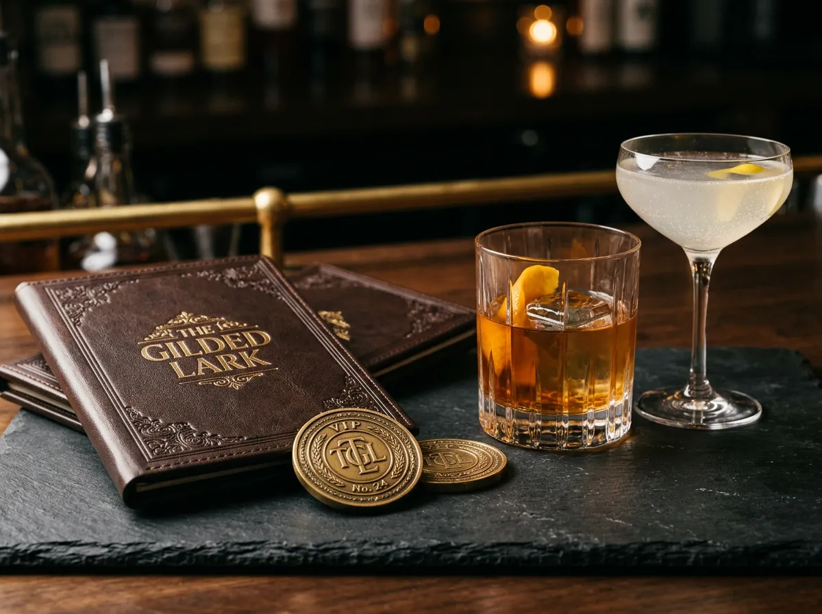 Luxury embossed leather cocktail menus, bespoke metal VIP table tokens, and crafted drink presentation glassware