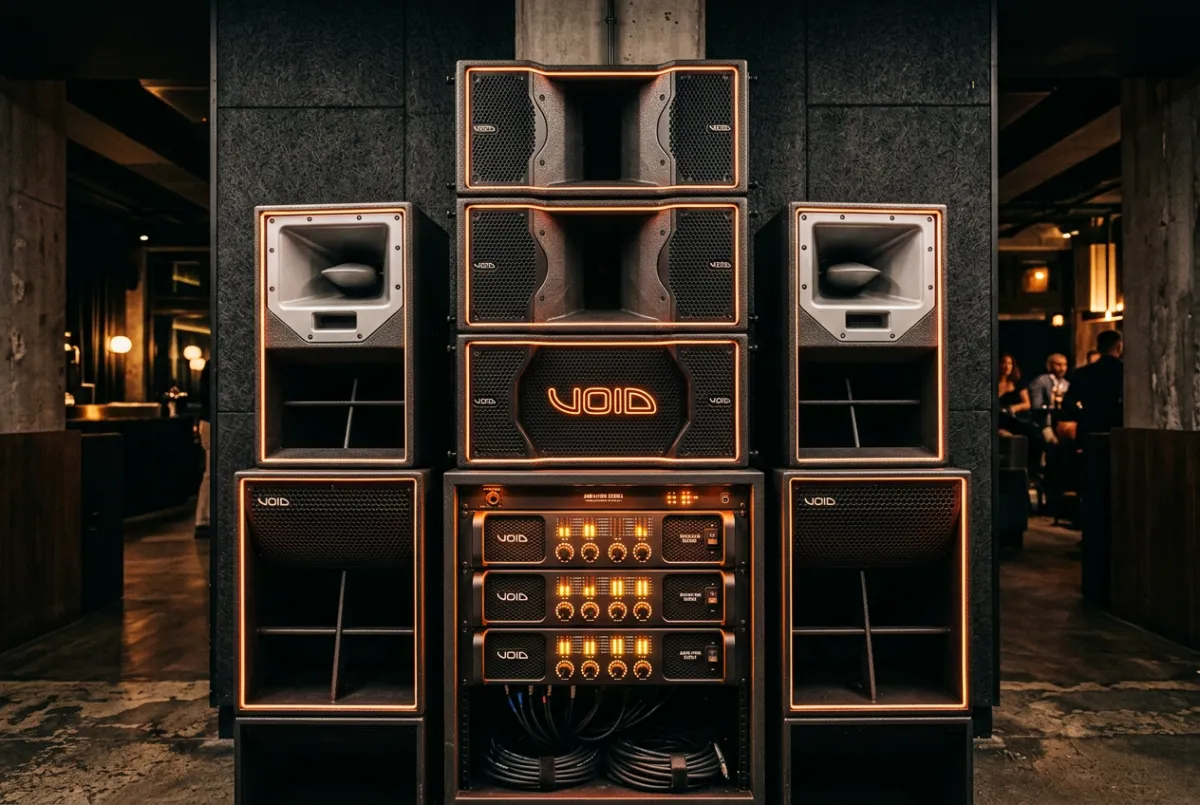 Acoustic audio rig installation in a luxury nightclub venue