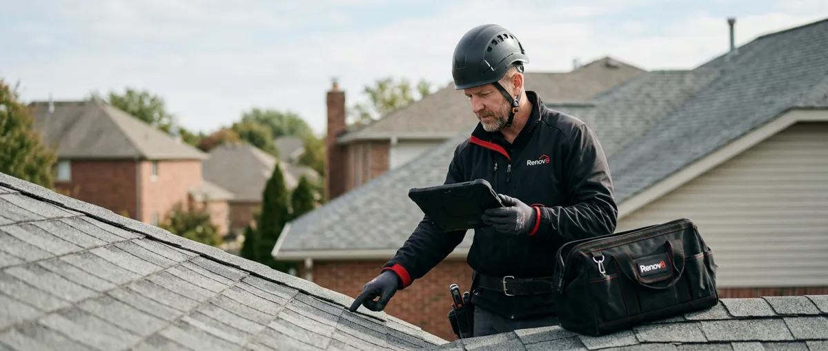 Renov8 Roofing certified professional roofer performing detailed residential roof assessment
