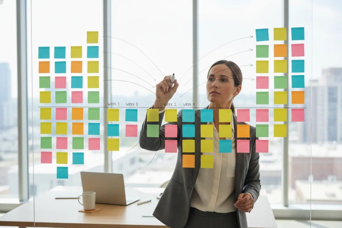 A focused consultant mapping out a 30-day plan on a glass board, with colorful sticky notes and a timeline. The setting is a bright, modern office, and the consultant is mid-action, illustrating clarity and determination.