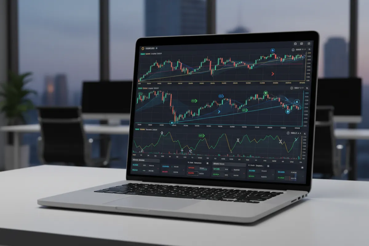 AutoTrail software interface showing automated trade signals, open positions, and a performance chart, with a sleek, blue-accented design and clear data visualization.