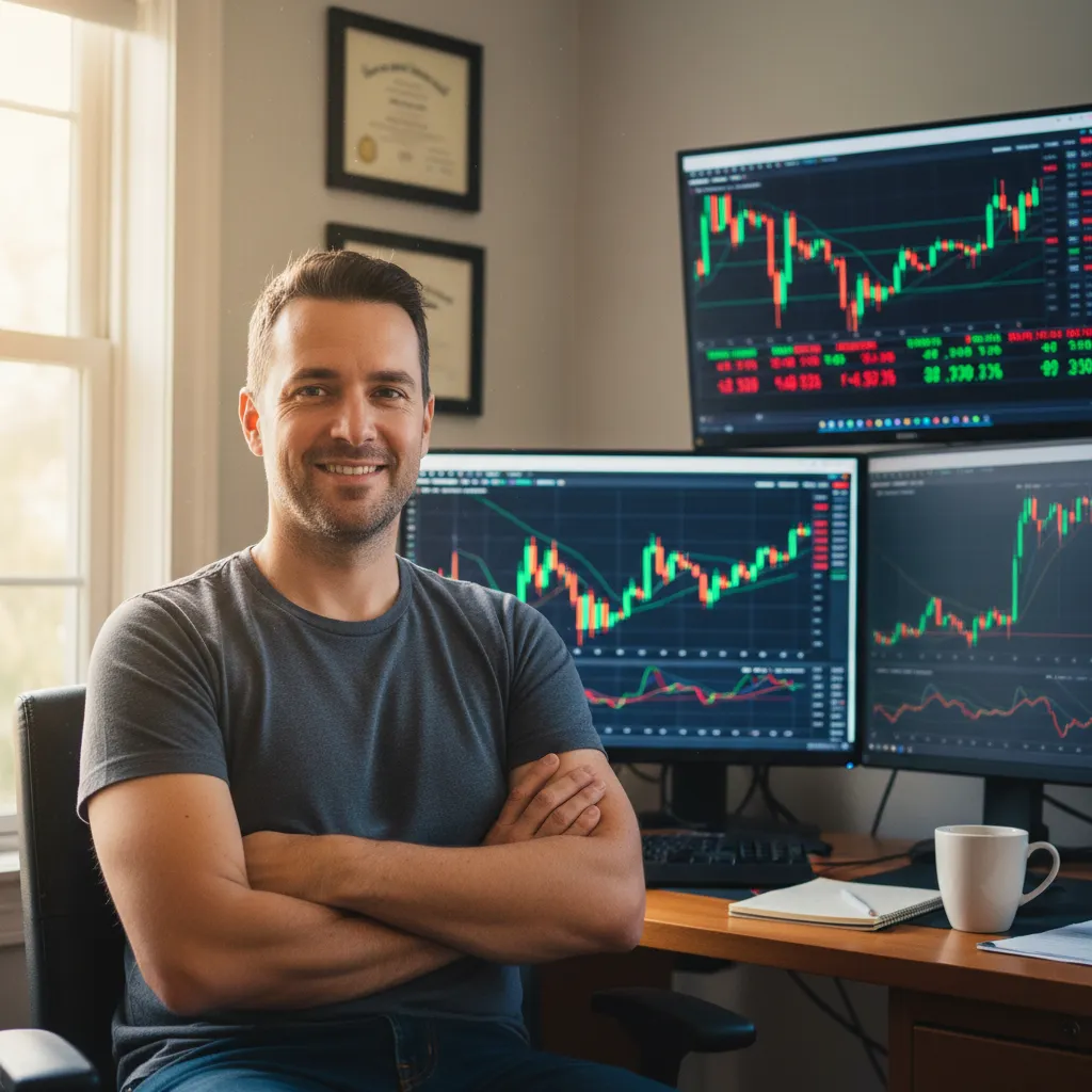 Portrait of BarLogic founder, a mid-30s trader with short dark hair, smiling confidently in a home office with trading monitors in the background, natural daylight, casual attire.
