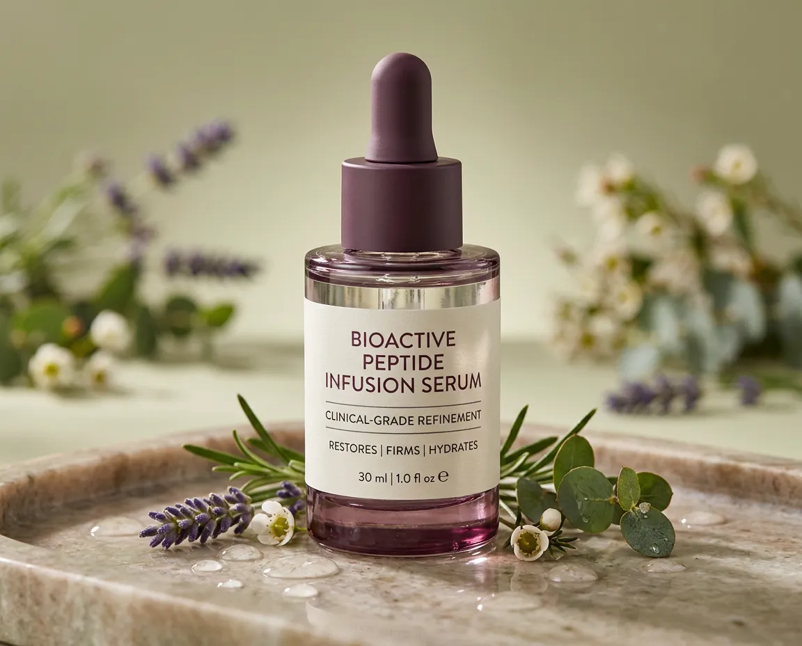 Clinical bioactive peptide infusion serum with delicate botanical elements in a refined medical spa setting
