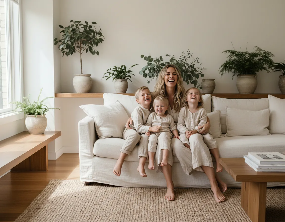 Mel, founder of Well Mama Village, at home with her children in a calm setting