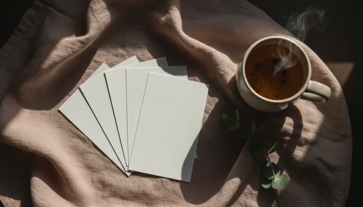 Birth affirmation cards laid on linen cloth with herbal tea