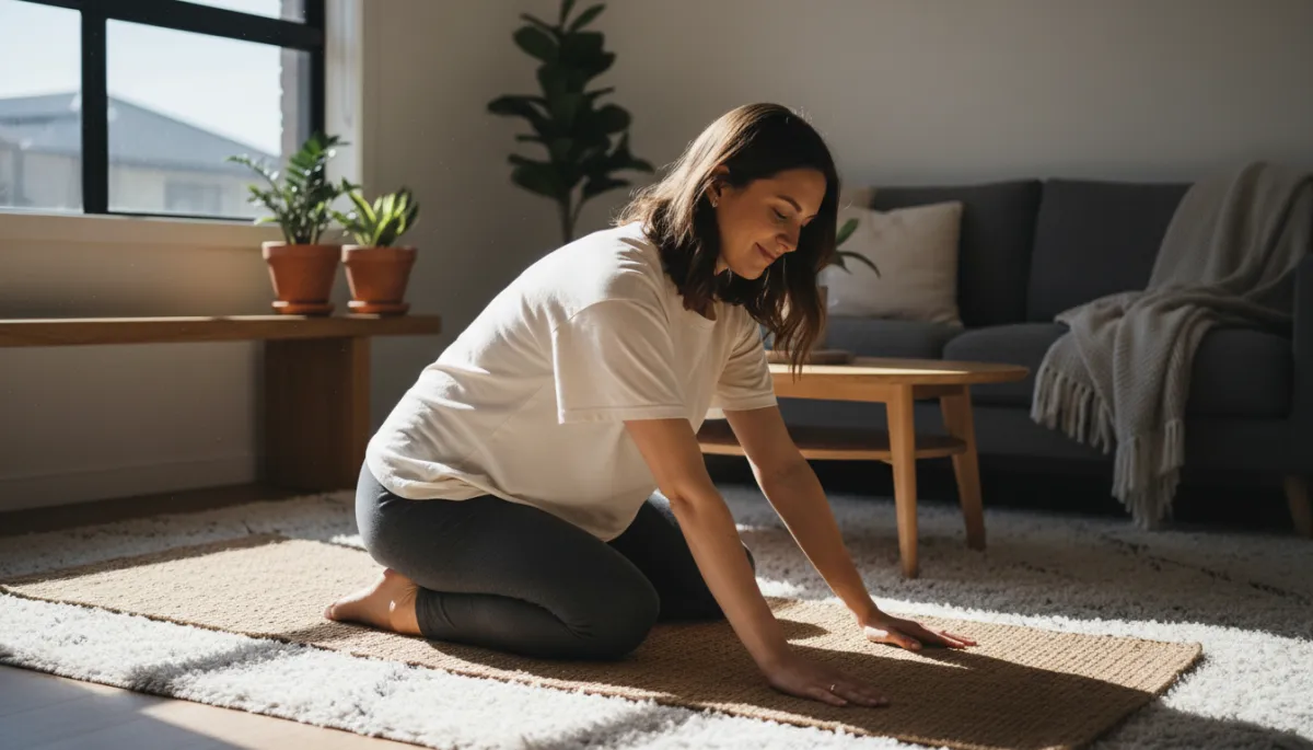 Pregnant woman stretching on mat in calm living room