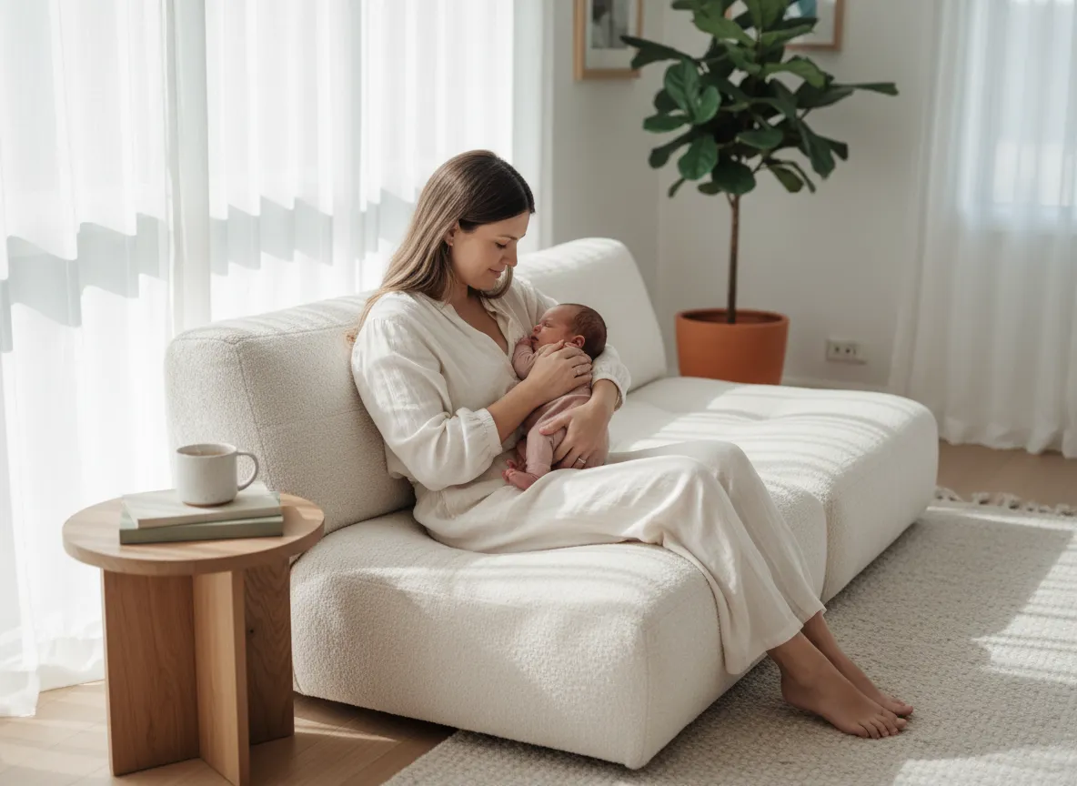 Calm Australian mother at home with baby and cup of tea
