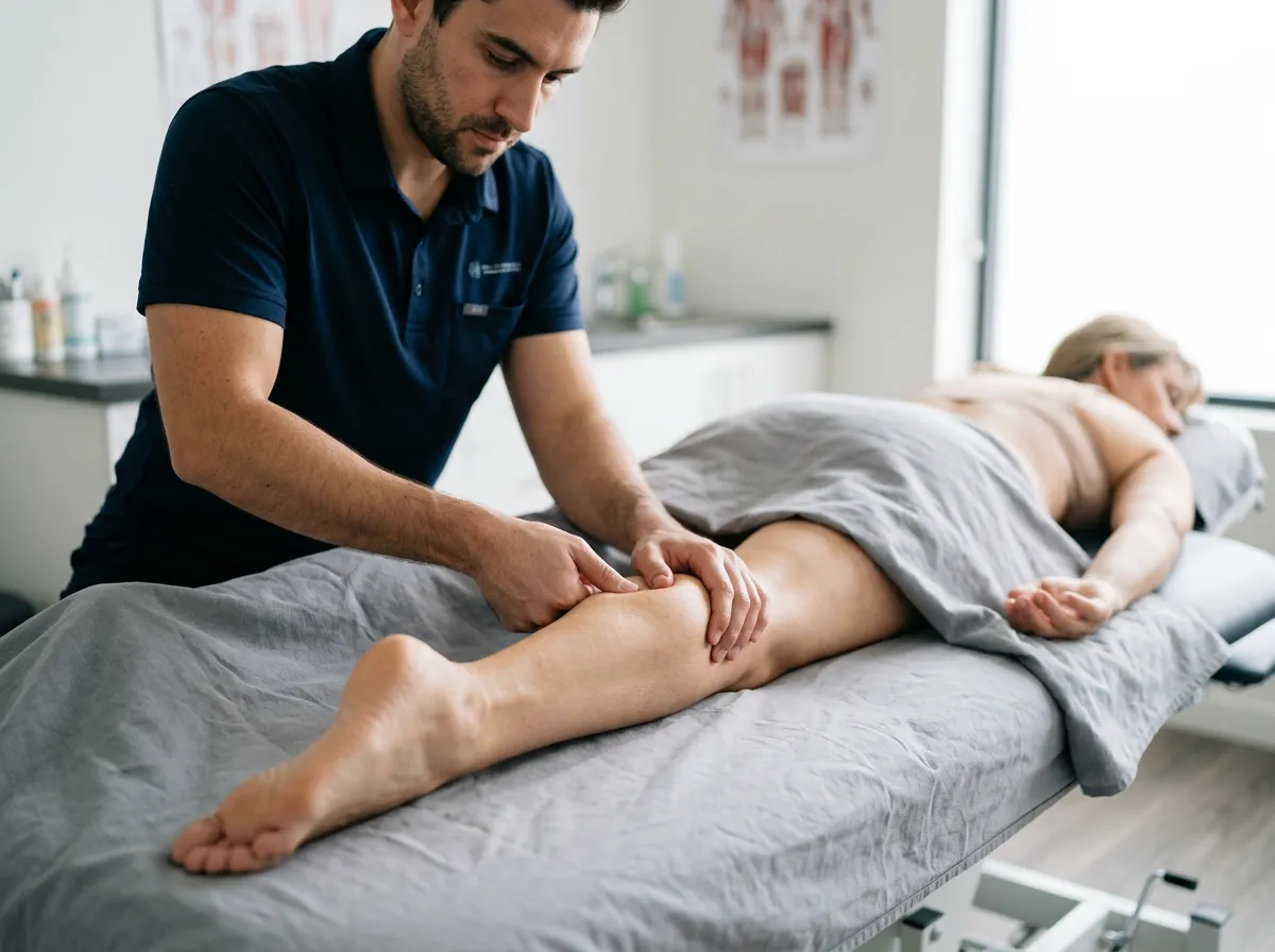 Clinician performing Active Release Techniques manual contact therapy on patient musculature during active movement