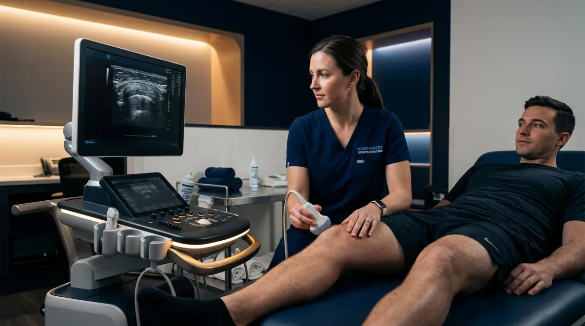 Clinician performing diagnostic ultrasound on a patellar tendon