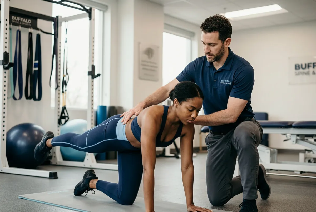 Clinical spine specialist assessing athletic lumbar stability and movement mechanics