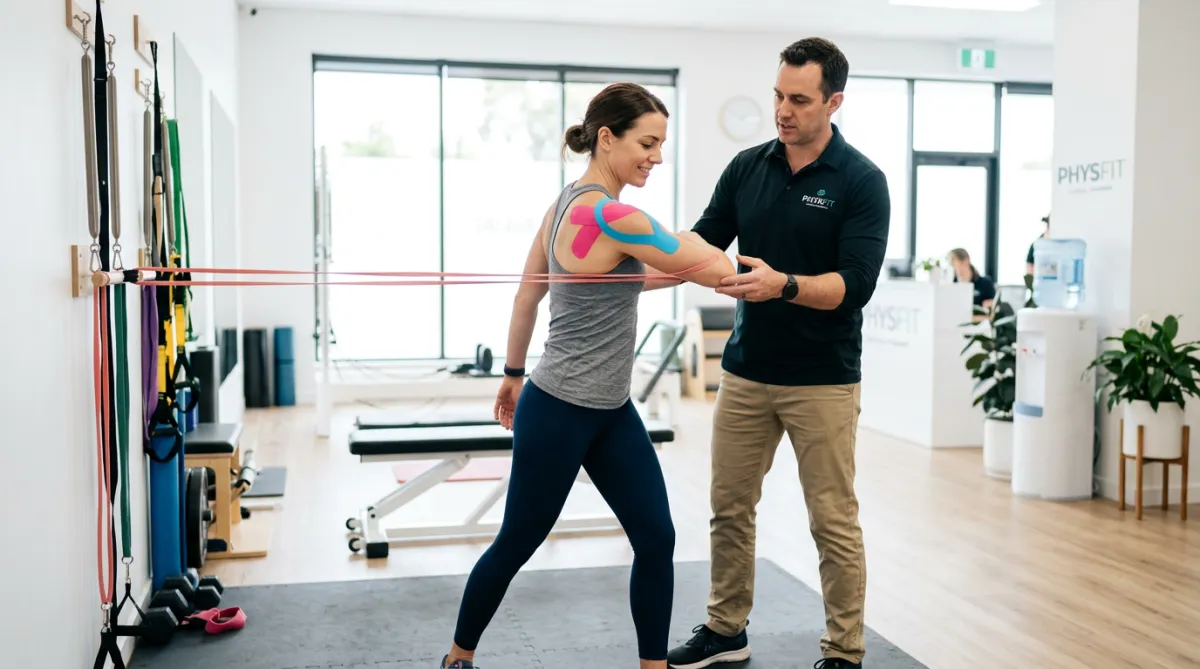 Athlete training with kinesiology tape supporting knee and shoulder during intense exercise