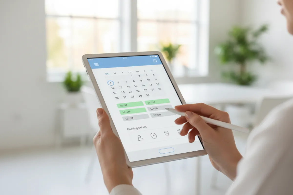 A close-up of a hand filling out a digital appointment form on a tablet in a bright, modern office. The screen displays a calendar and booking details, emphasizing convenience and accessibility. The background is softly blurred, focusing on the action.