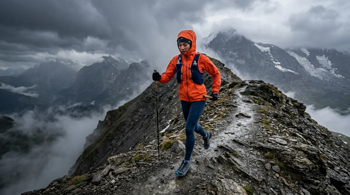 Mountain trail runner traversing steep alpine ridgeline in foul weather gear
