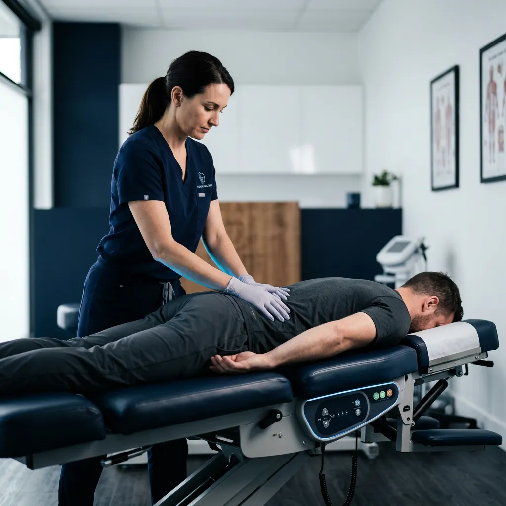 Chiropractor administering gentle flexion-distraction therapy on a clinical motorized decompression table