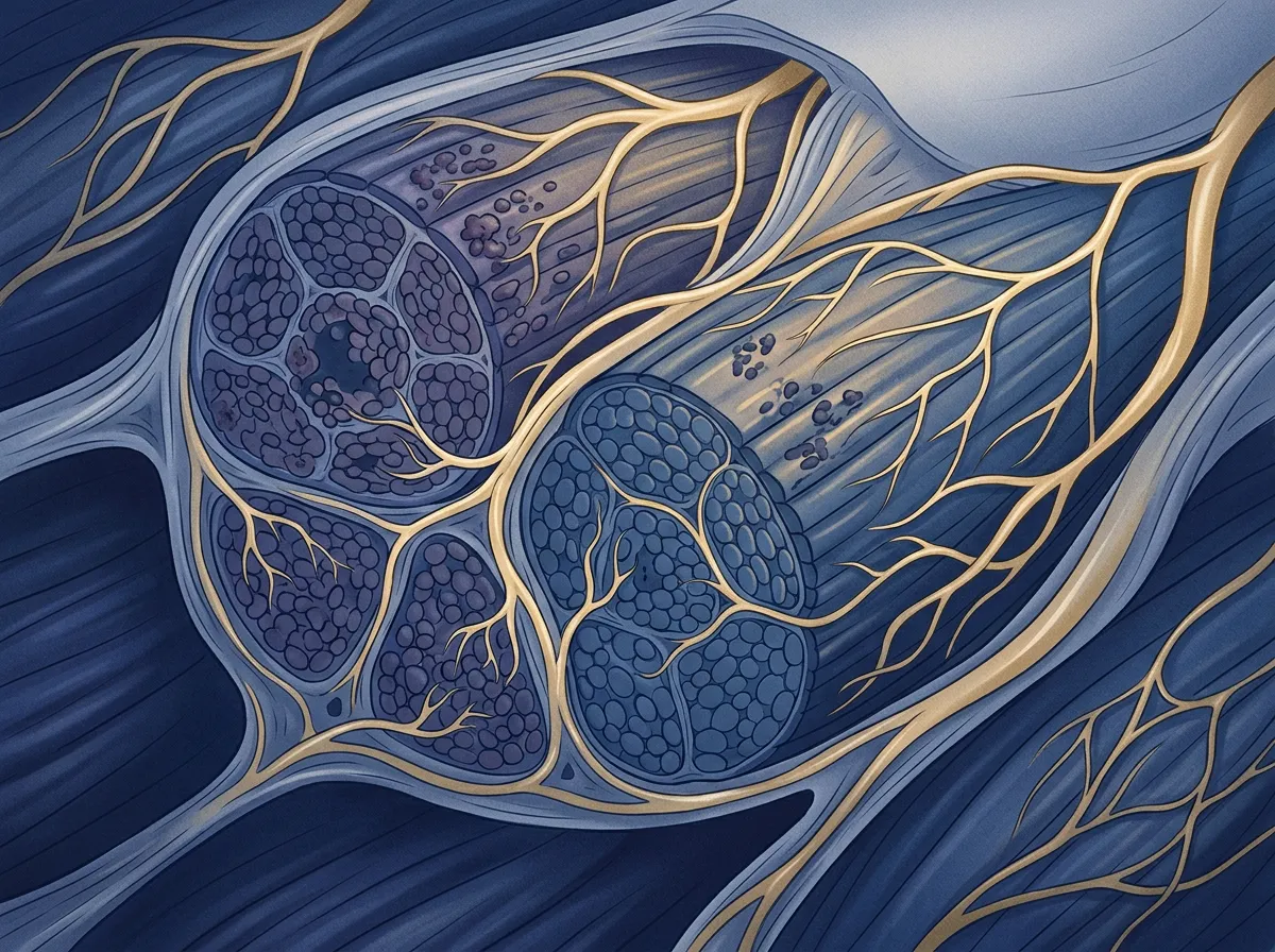 Illustration of biochemical normalization and microcirculation return in muscle fibers