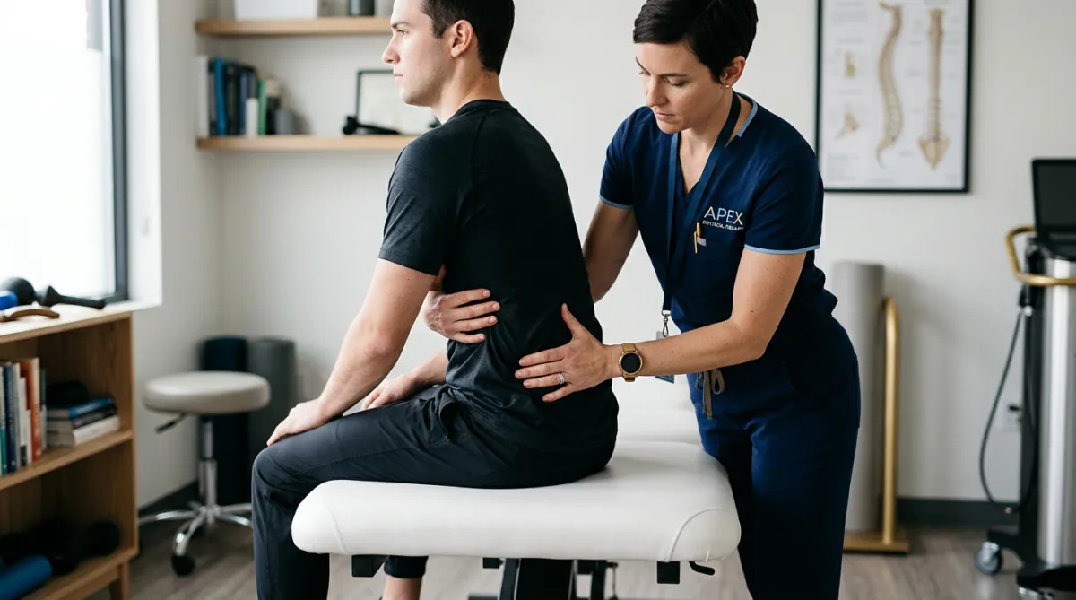 Clinical specialist evaluating lumbar spine biomechanics on a patient