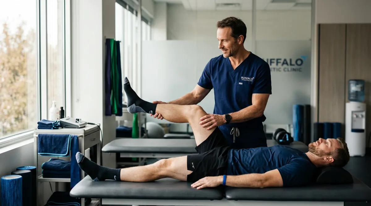 Dr. Mac conducting a functional athletic spine and joint assessment with a patient in clinical clinic setting