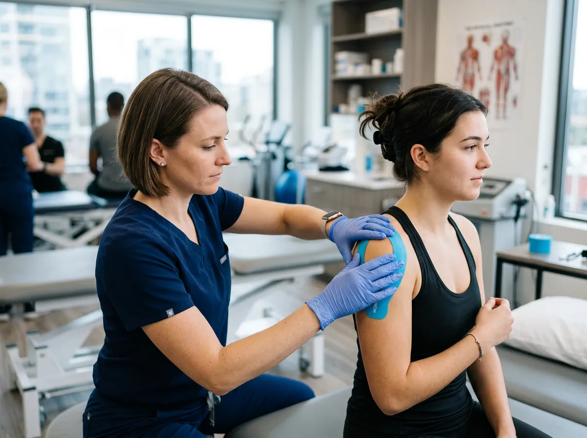 Kinesiology taping application for athlete rehabilitation at Buffalo Spine & Sport in Denver