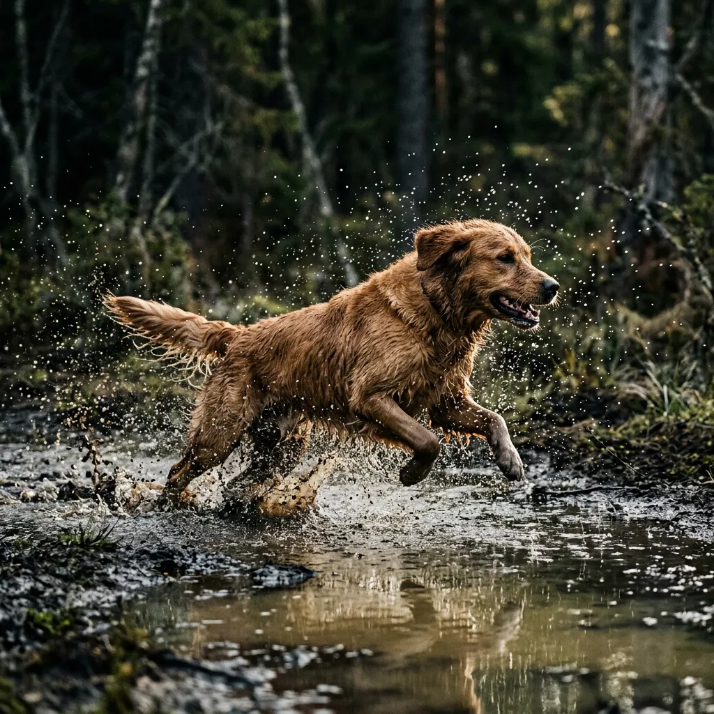 Sporting dog in full sprint through rugged outdoor terrain with focused intensity